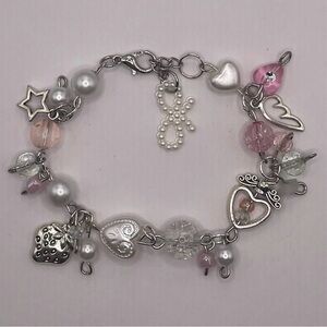 Charming Silver and Pink Bracelet with Heart Accents